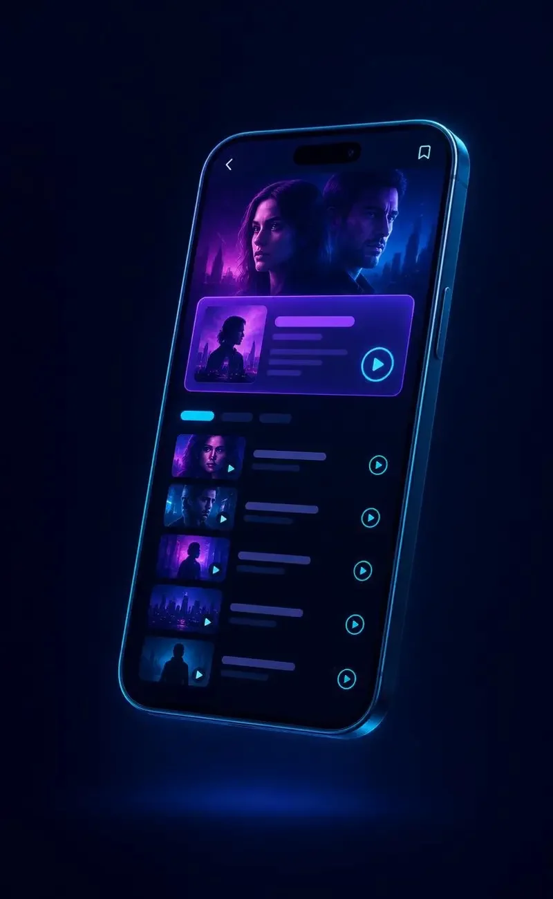 黄果短剧 APP 剧单界面 黄果短剧 APP 剧单与选集界面,霓虹紫配色
